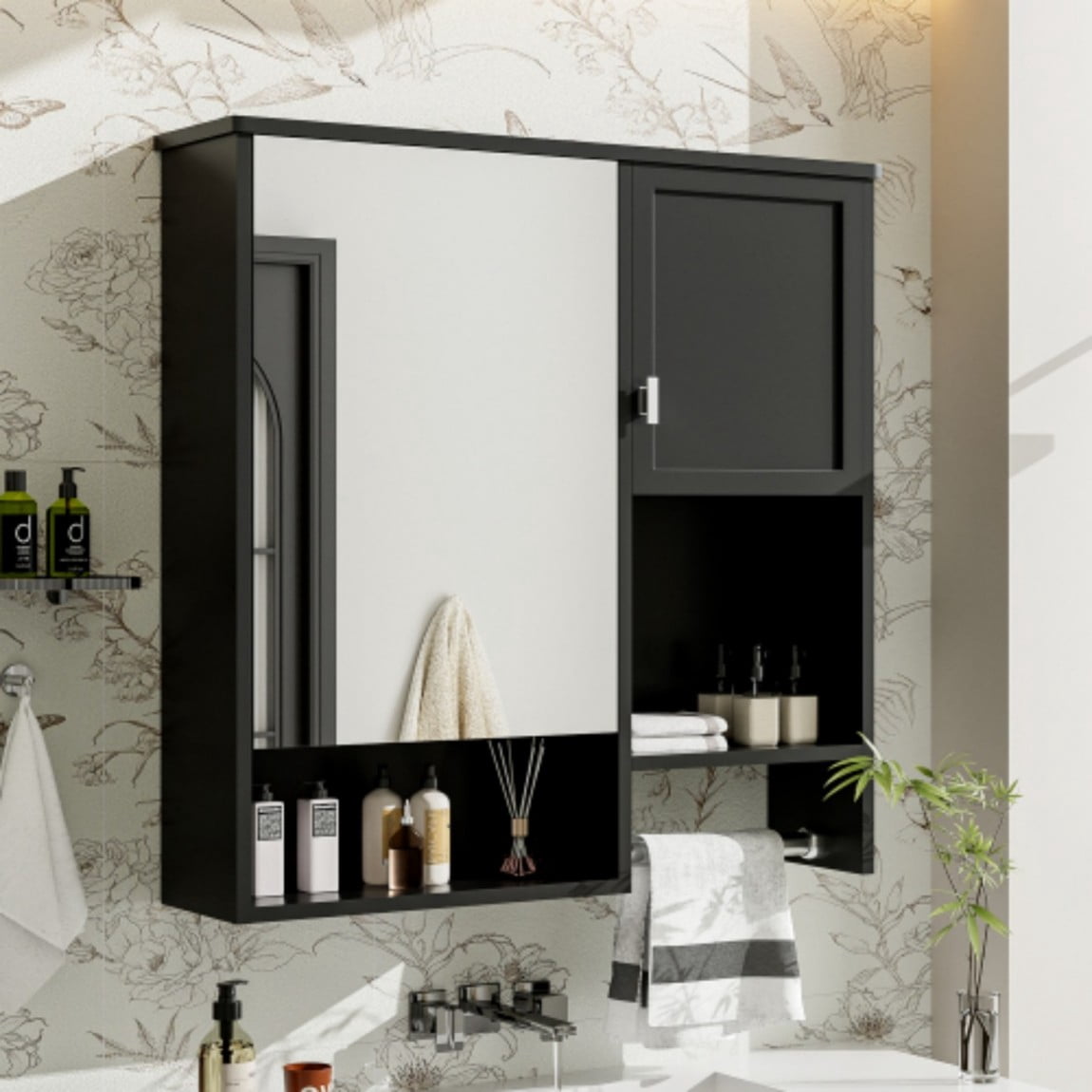 29"x 28" Modern Wall Mounted Bathroom Medicine Cabinet with Mirror, Over The Toilet Storage Cabinet, Adjustable Shelf Bathroom Wall Cabinet with Towel Bar, Black