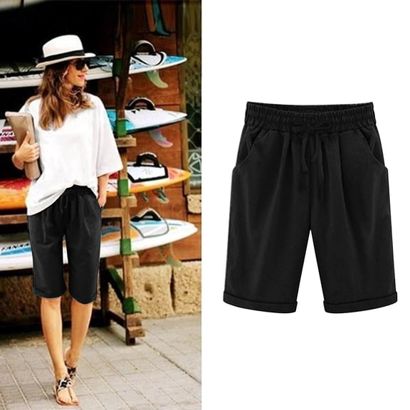 ZHOGXU Women Plus Size High Waisted Shorts With Pocket Drawstring Elastic Waist Solid Color Knee Length Comfortable Breathable Shorts For Outdoor Activities,Black,L