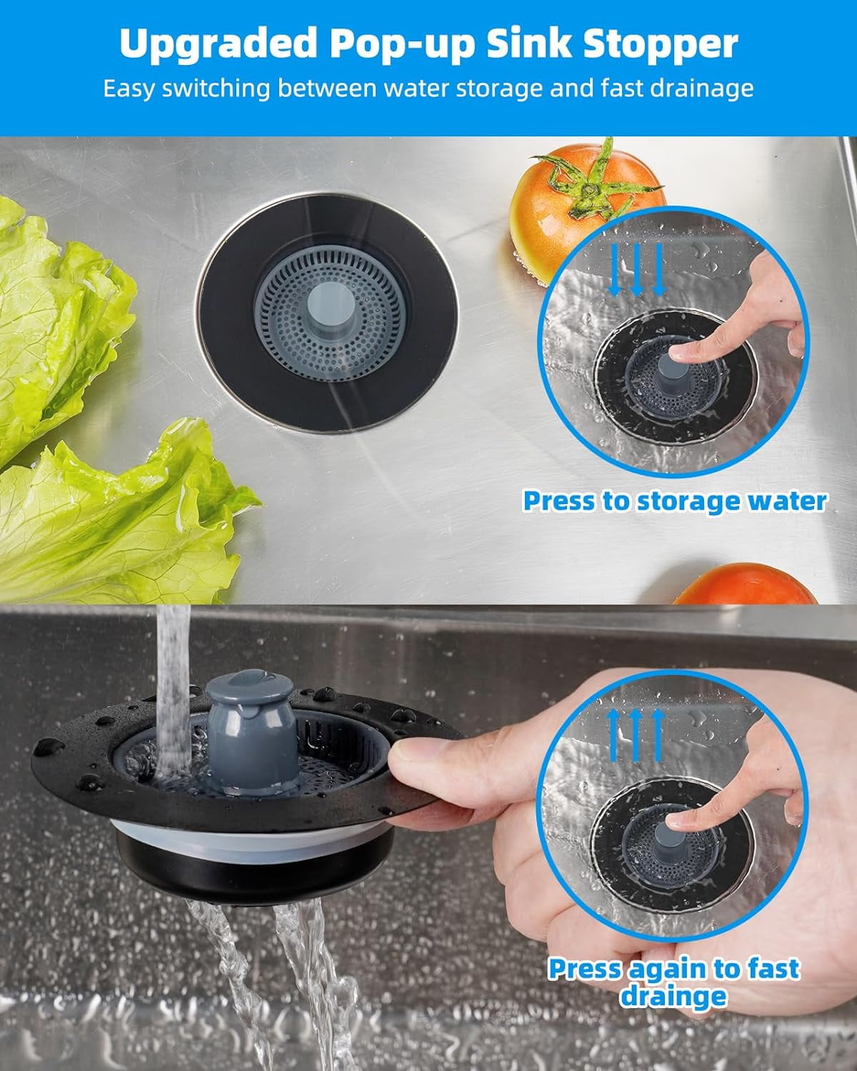 2 Pack 3 in 1 Kitchen Sink Drain Strainer and Stopper Combo, Stainless Steel Metal Pop Up Sink Stopper, Anti-Clogging Basket Strainer with Handle for US Standard 3-1/2 Inch Drain, Black