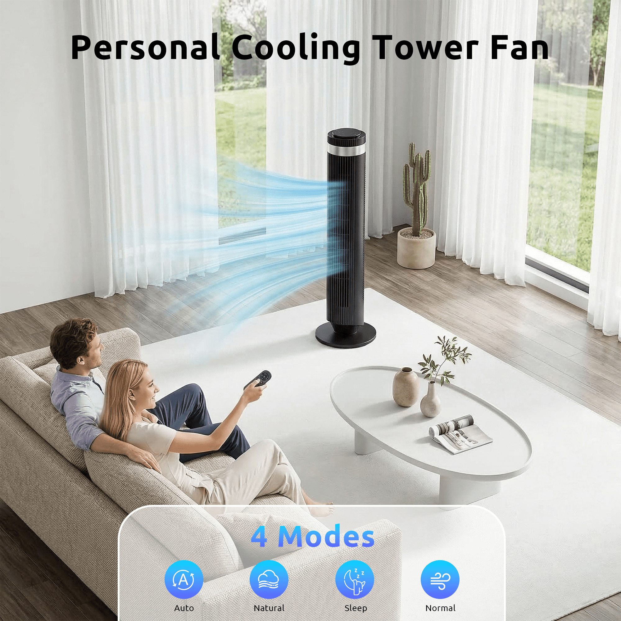 Blazezo Tower Fan With Remote, 64° Oscillating Bladeless Cooling Fan, 28dB Quiet Standing Floor Fan for Bedroom Home Office, 5 Speeds 4 Modes 12H Timer