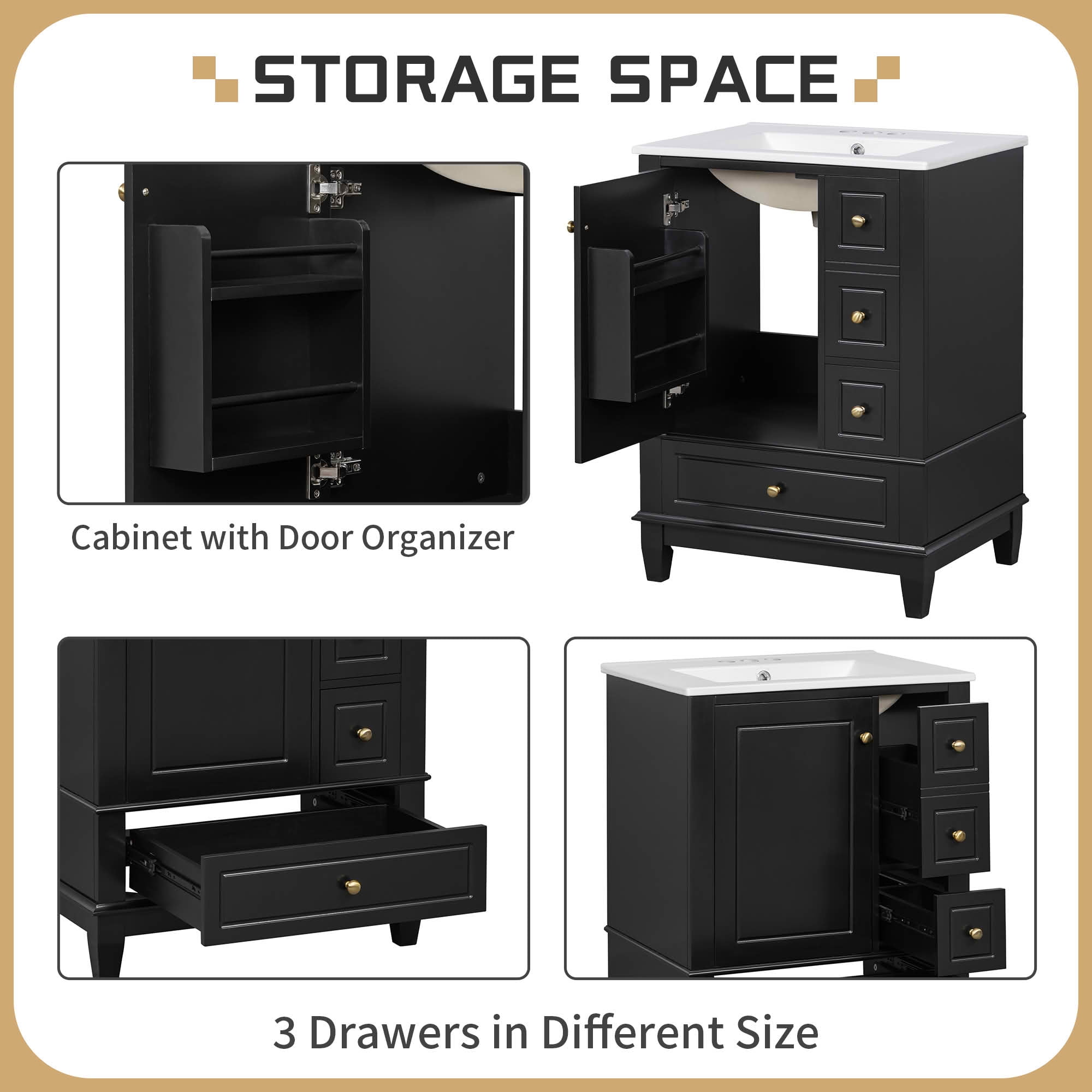 MAYEERTY 24" Bathroom Vanity with Sink Drawers, Freestanding Cabinet Ceramic Top Storage Shelves MDF Solid Wood Base, Modern Small Bathrooms, Black