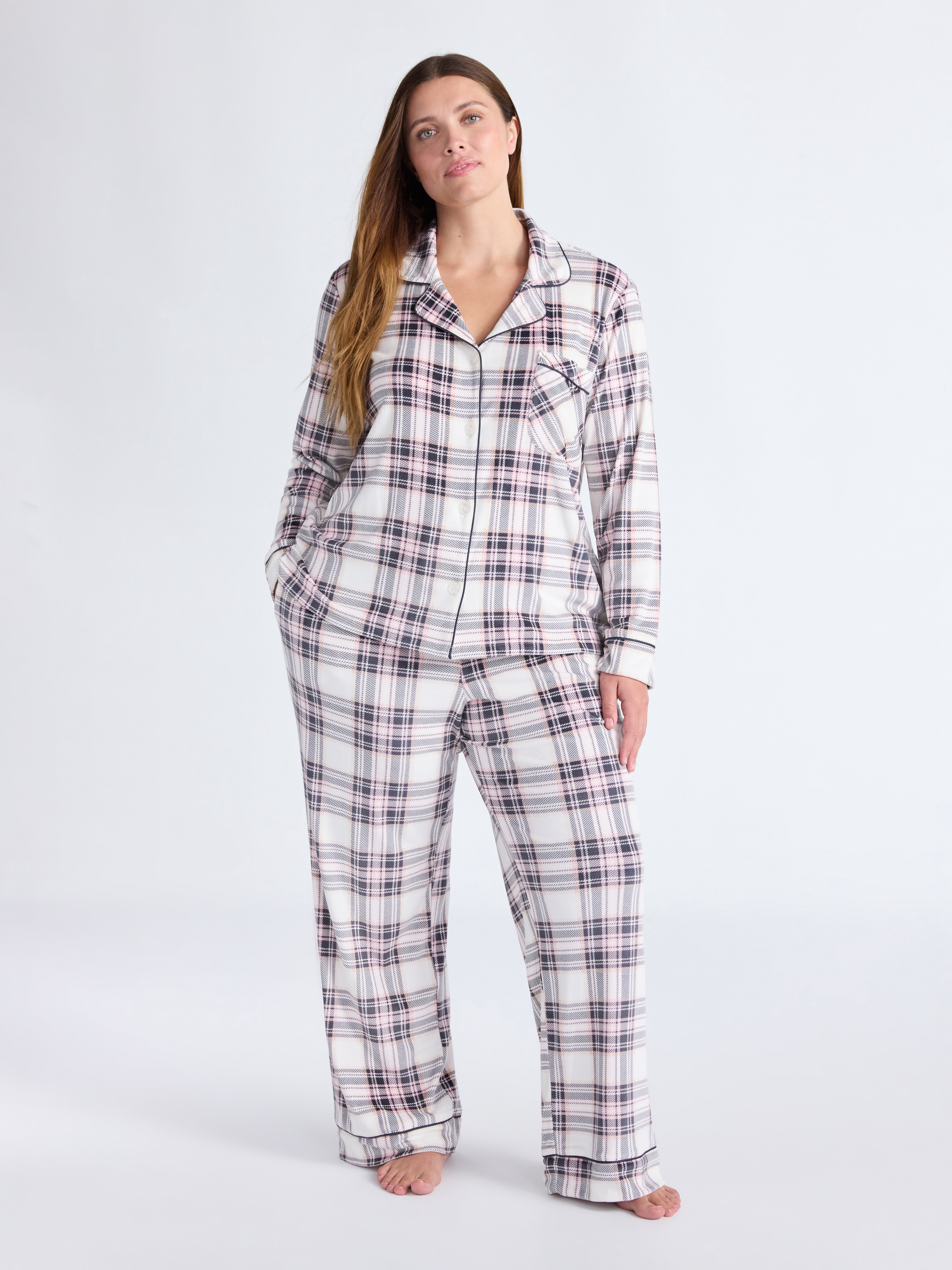Joyspun Women’s Stretch Velour Notch Collar Long Sleeve Pajama Set, Sizes XS to 4X