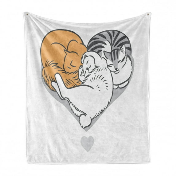 Cat Lover Soft Flannel Fleece Throw Blanket, Kitties Lying in and Cuddling in Shape of Heart Bedtime Pets Meow Love, Cozy Plush for Indoor and Outdoor Use, 50" x 60", Apricot White Grey, by Ambesonne
