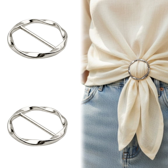 2PC Fashion Metal Silk Scarf Ring, Round Circle Clothing Clip Buckle, Elegant T-Shirt Tie Clips Wrap Holder for Women Blouse and Clothes Decoration, Silver