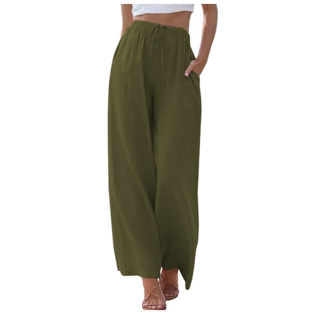 Pantalones palazzo de lino de cintura alta y pierna ancha para mujer - Pantalones de playa con cordón - Tallas S-3XL