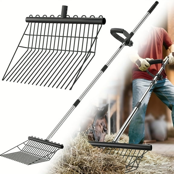18-Tine Garden Fork with Non-Slip Adjustable Handle - Heavy-Duty Stainless Steel Broadfork for Turning Mulch Hay Digging Fertilizing, Gardening Tools Equipment Universal Extension