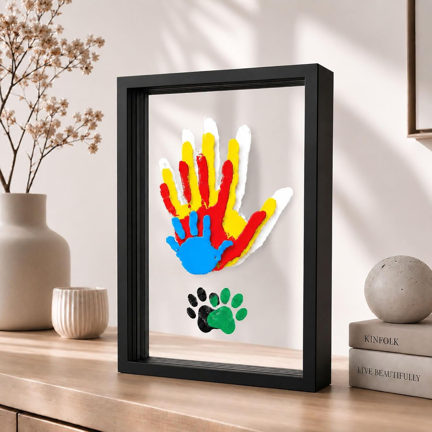 XIBUFE Family Handprint Kit for 4 – Wooden Frame with 4 Acrylic Boards,Diy Keepsake Art for Baby,Pet&Family,Non-Toxic Washable Paint Hand Mold Memory Gift-Black