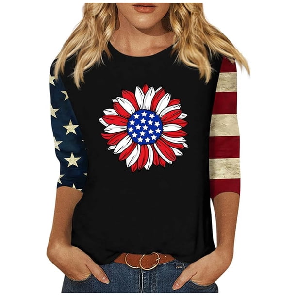 Camisetas de Manga Corta para las Mujeres Día de la Independencia Patriótica Impresa 3/4 Manga Cuello Redondo, Camiseta Casual para Diarios Y Festivales