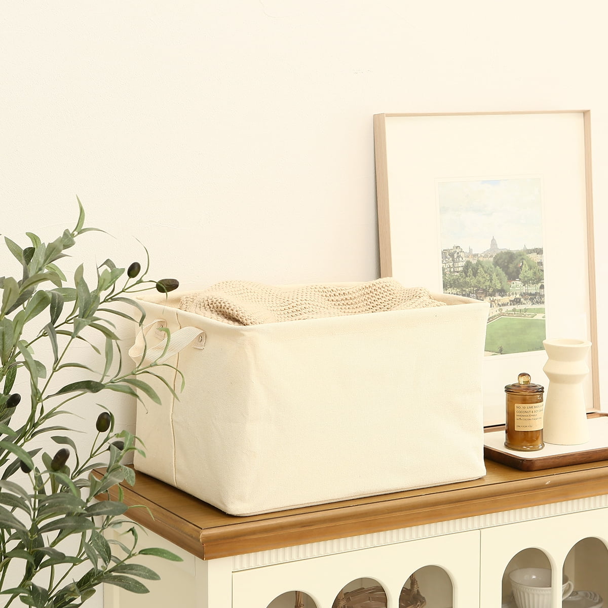 Sea Team 2-Pack Large Canvas Storage Bins for Shelves with Metal Frame, Rectangle Storage Baskets, Closet Organizers, Foldable Laundry Hampers, Containers for Clothing, Blankets, Toys, Cream