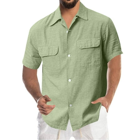 FBMDBB Men Fashion Casual Top Shirt Solid Color Pocket Single Shirt Cotton And Shirt Short Sleeve Top Bodysuit with Collar Large Mesh
