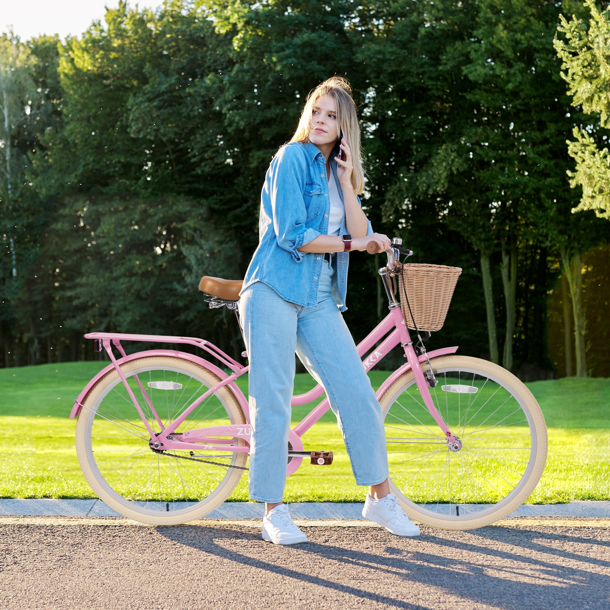 Aukfa 24" Girls Bike with Basket, Cruiser Bike Children's Bicycle for 10+ Years Old Kids, Light Pink