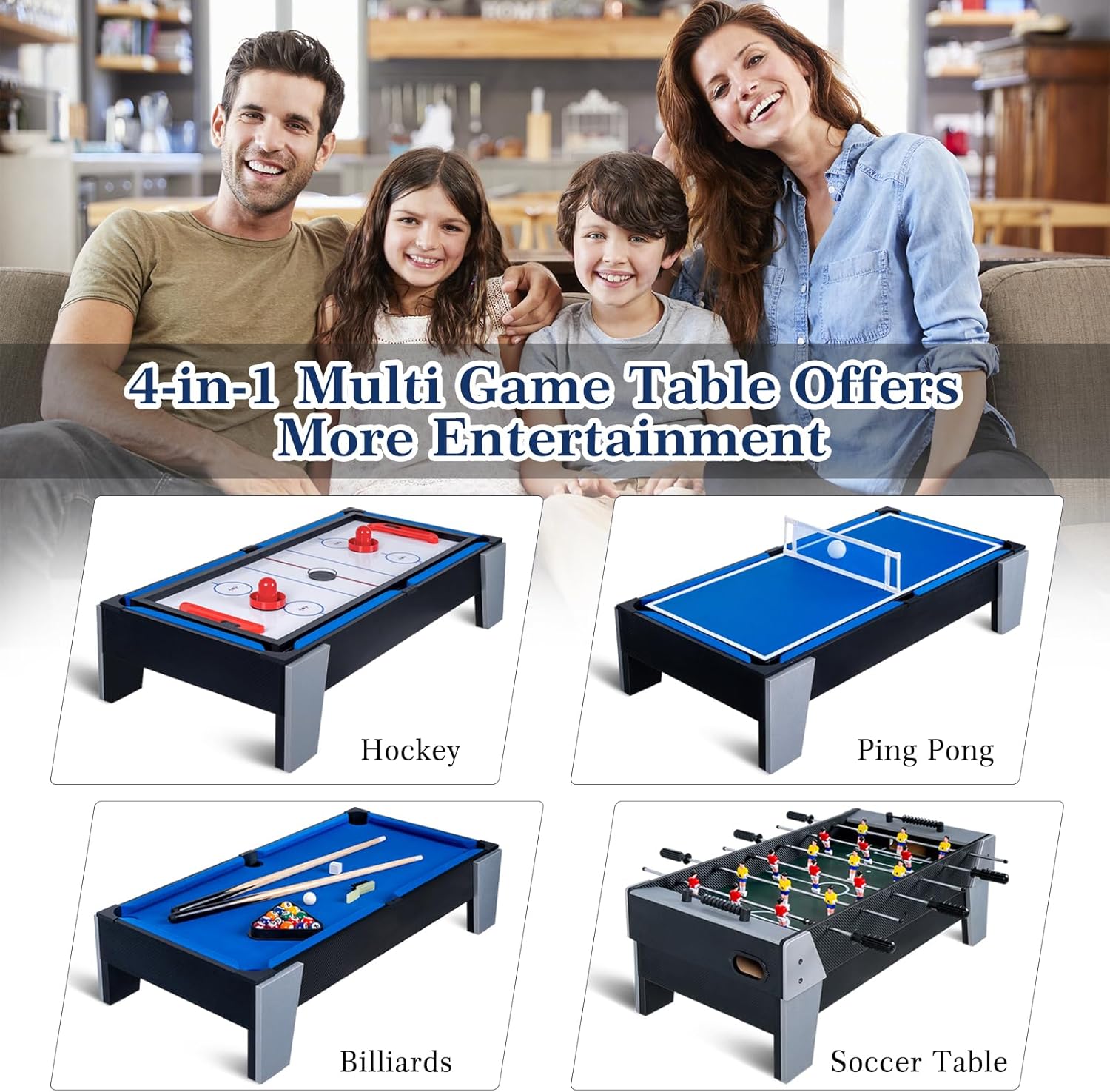 4-in-1 Mini Multi Game Table, Combination Game Table, Childrens Combo Arcade Set w/Pool Billiards, Hockey, Foosball and Table Tennis for Home, Play Room,Friends & Family