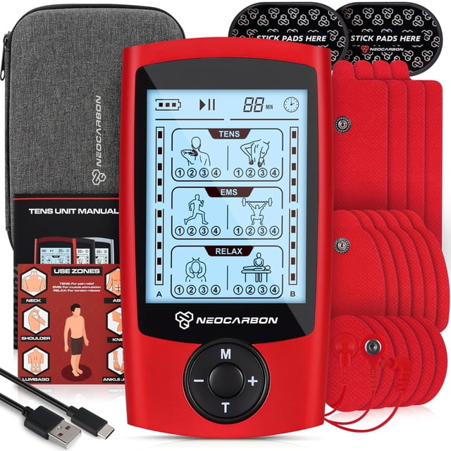 Estimulador muscular TENS Unit Neocarbon con 16 almohadillas de electrodos