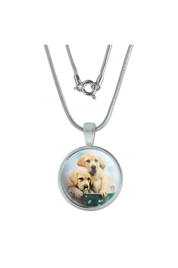 Labrador Retriever Puppies Dogs Bath Bubbles Bucket 0.75" Pendant with Sterling Silver Plated Chain