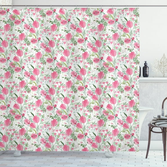 Floral Shower Curtain, Alluring Tulips Leaves Greenery Garden Art English Growth Ecology Freshness, Fabric Bathroom Set with Hooks, 69W X 70L Inches, Multicolor, by Ambesonne
