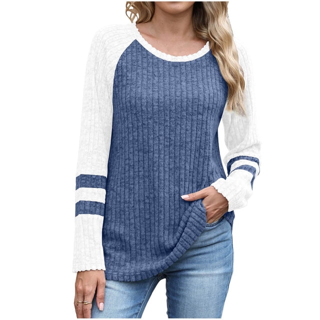 Enjoytime Hauts pour Femmes Patchwork Col Rond Manches Longues Chemises Chic Décontracté Blouses de Bureau Automne Tendance Ample Vêtements d'Hiver Bleu TG