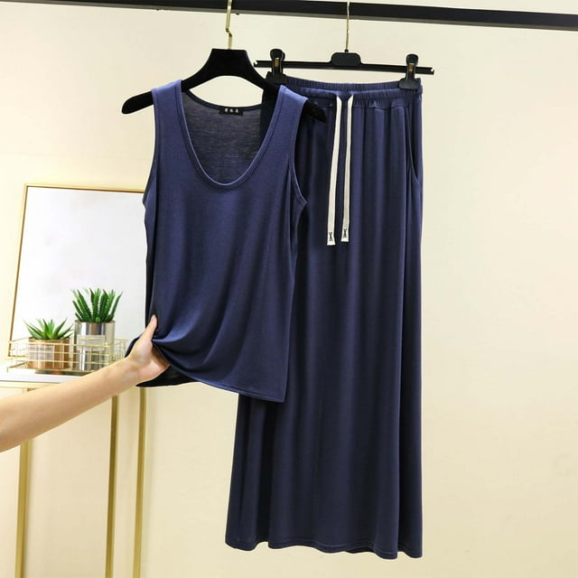 Pisexur Pyjama pour Femmes Ensemble, Pyjamas pour Femmes, Mode Confortable et Respirant Couleur Unie Col Rond Taille Haute Jupe Mi-Longue Ensemble de Pyjama Bleu, 2TG