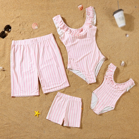 GYRATEDREAM Family Matching Swimsuit Striped One-Piece Mommy and Me Swimsuit and Swim Trunks Shorts