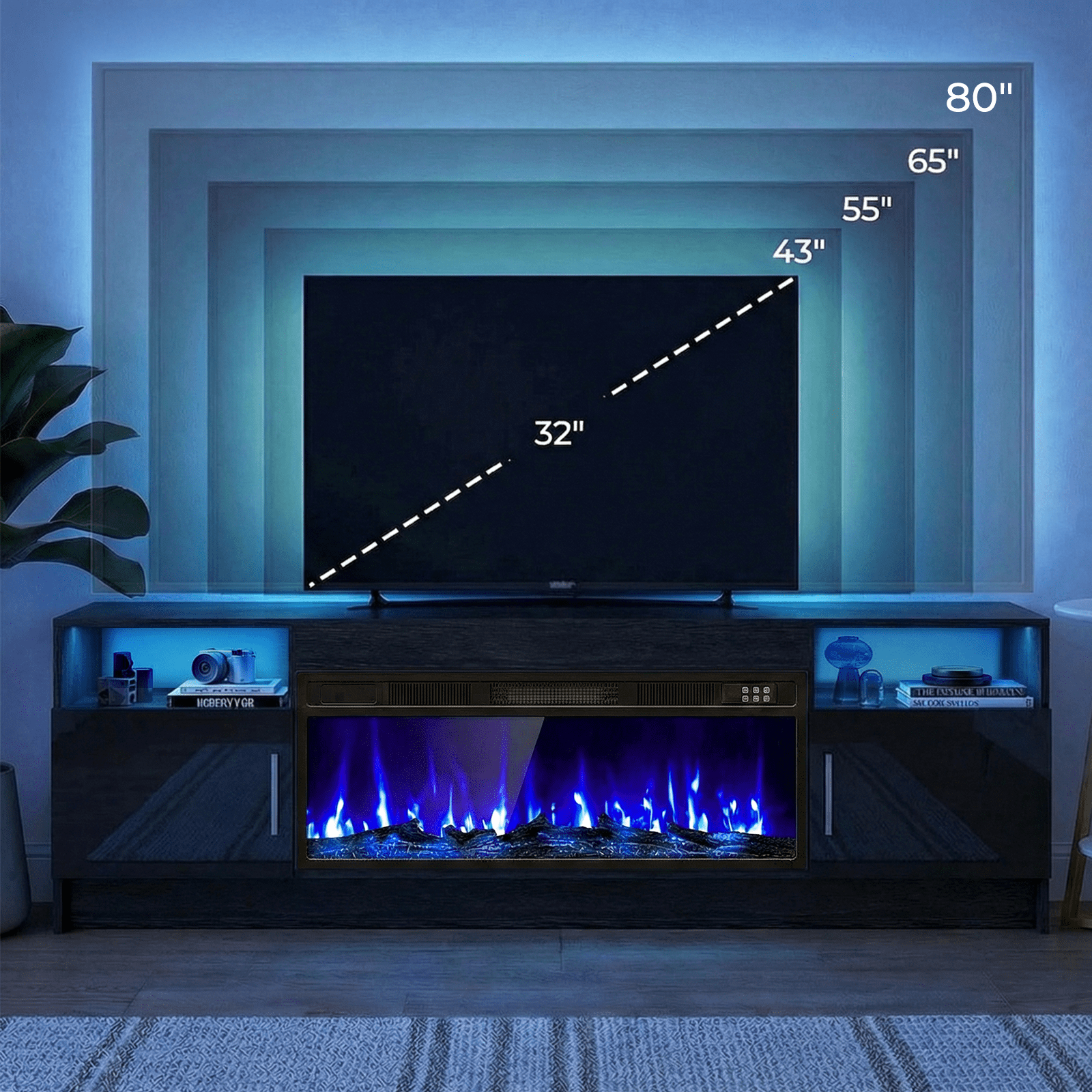 Flictozena 70" TV Stand with 36-Inch Electric Fireplace, Adjustable LED Lights & Storage | Fits TVs Up to 80 Inches | Modern Entertainment Center with Glossy Black Doors