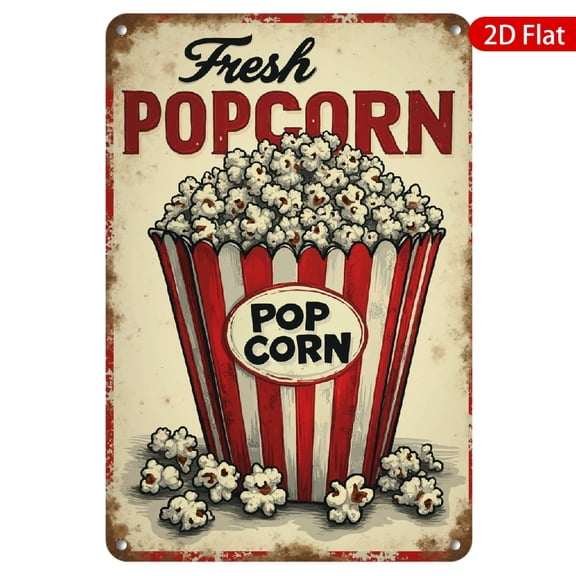 1pc Metal Wall Art Sign, 8x12 Inches, Vintage Fresh Popcorn Bucket Design, Rustproof & UV Resistant, Perfect for Kitchen, Movie Room, Arcade, Bar, Home Theater Decor, Popcorn Lover's Gift