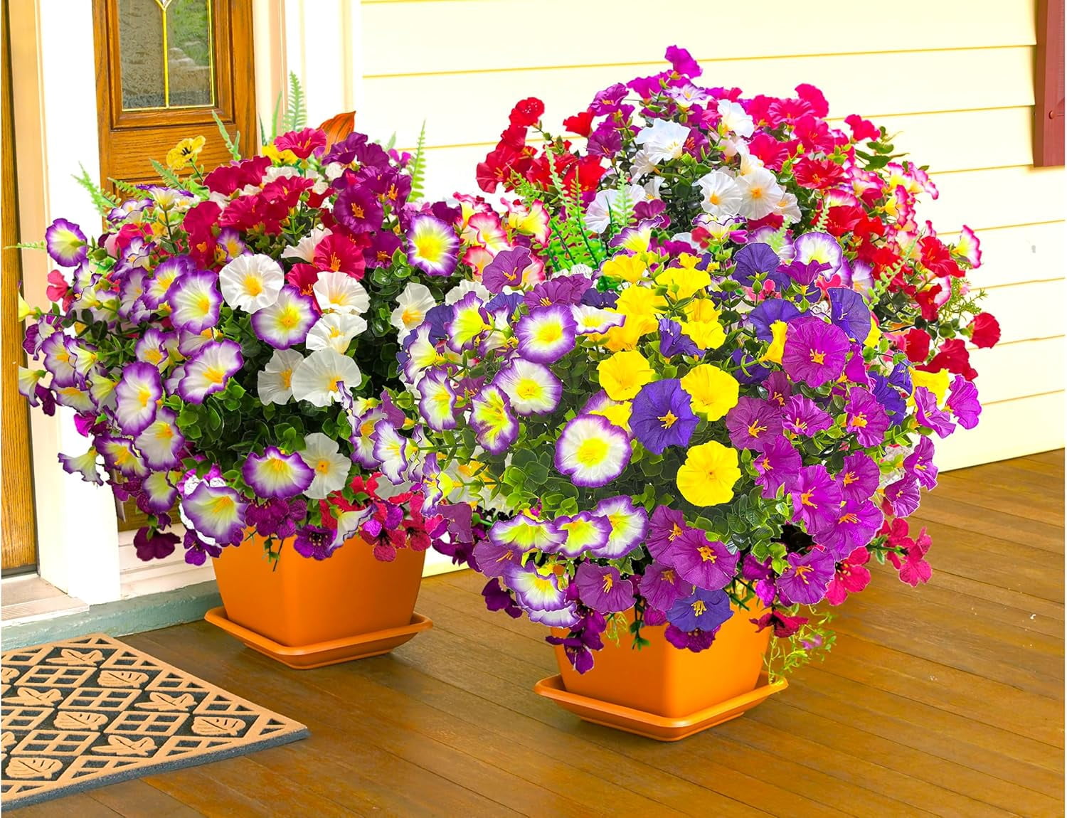 Artificial Flowers for Outdoors Fake Plants Spring Summer Decor, 12 Bundles Realistic Fake Silk Flowers Colorful Morning Glory UV Resistant Faux Flowers for Porch Outside Planter Porch Patio Yard