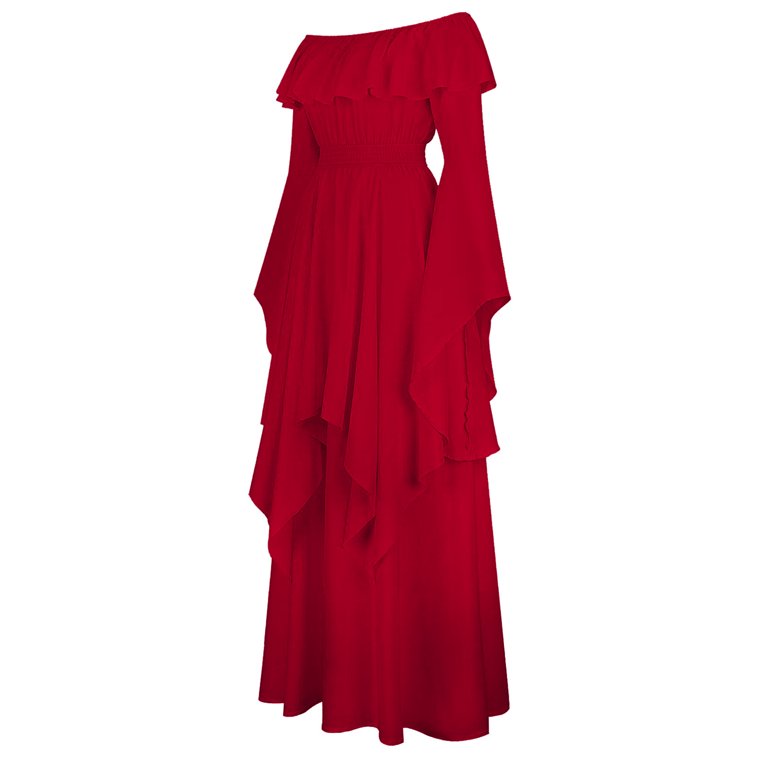 IROINNID Maxi Dress for Women Strapless Round Neckline Empire Dress Retro  Off Shoulder Long Sleeve High Waist Dresses ,Red