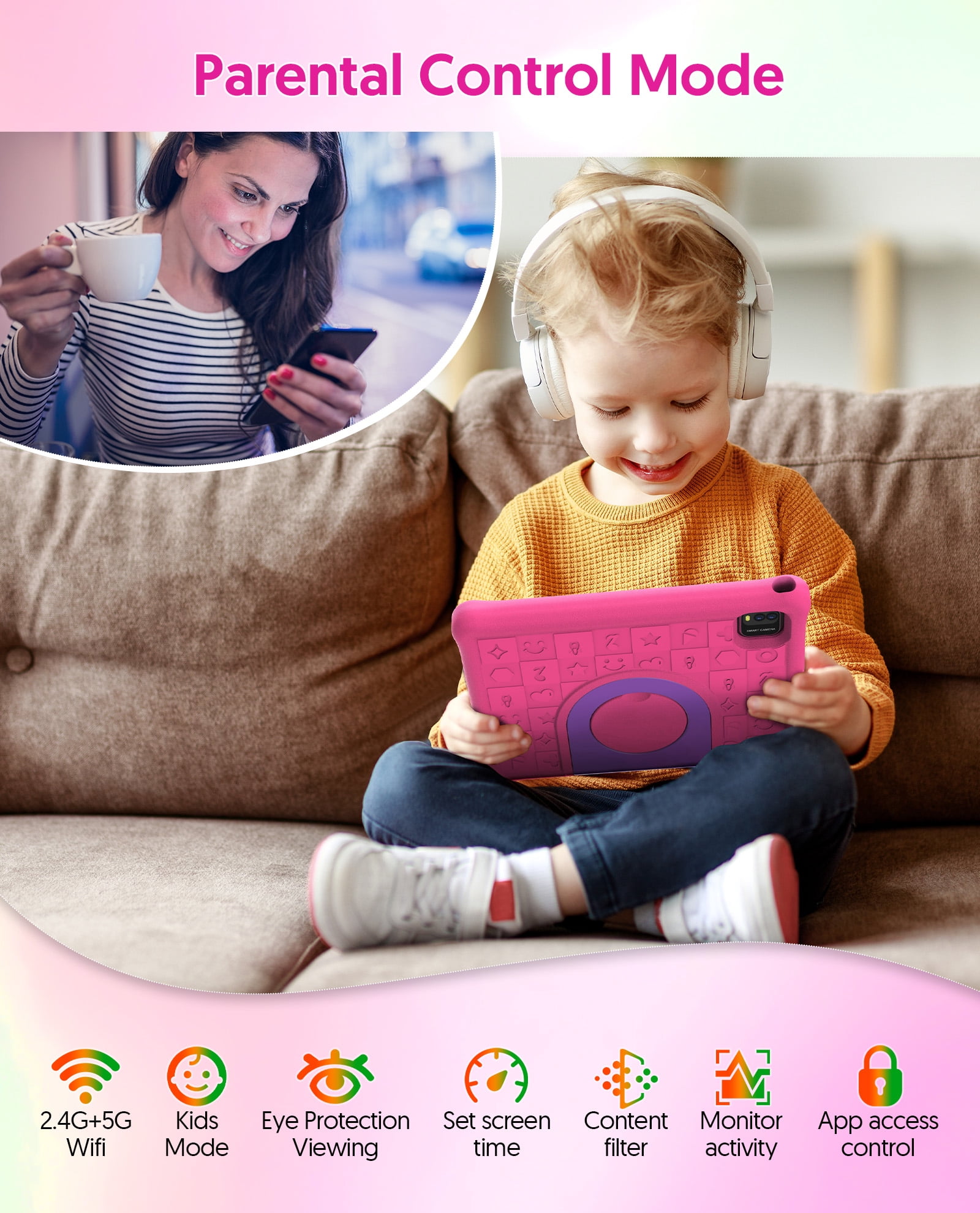 FITIFUN 10.1 inch Kids Tablet Android 15, 3GB RAM 64GB ROM 1TB Expand, Quad-Core, 5G/2.4G WiFi, 6000mAh, HD Display, Parental Control, Pink