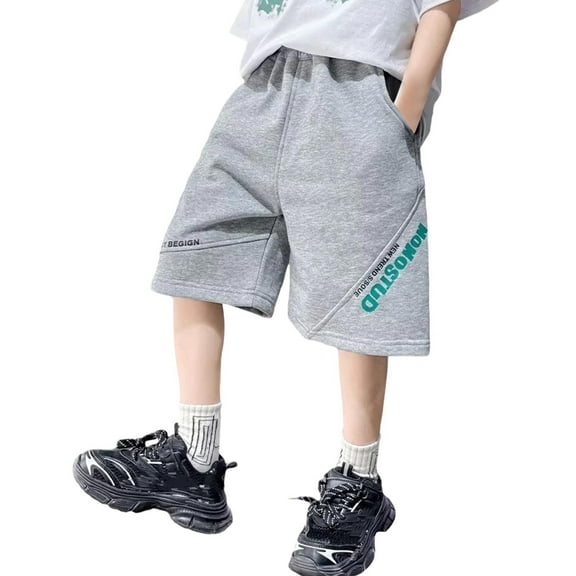 CYRBOKO Boys Casual Shorts, Elastic Waist Loose Summer Knee-length Shorts with Pockets Gray Size 14-16 T