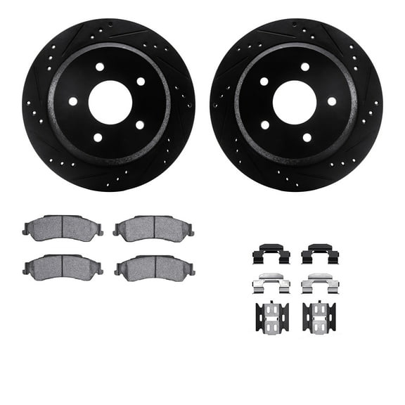 Dynamic Friction Company Rear Brake Rotors-Drilled and Slotted-Black with Heavy Duty Brake Pads includes Hardware 8212-48003