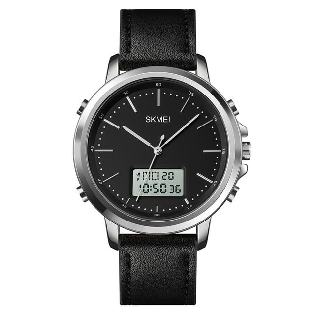 SKMEI Mens Watch Minimalism Analog Digital Watch with Alarm Stopwatch LED Backlight Leather Strap Electronic Wrist Watch