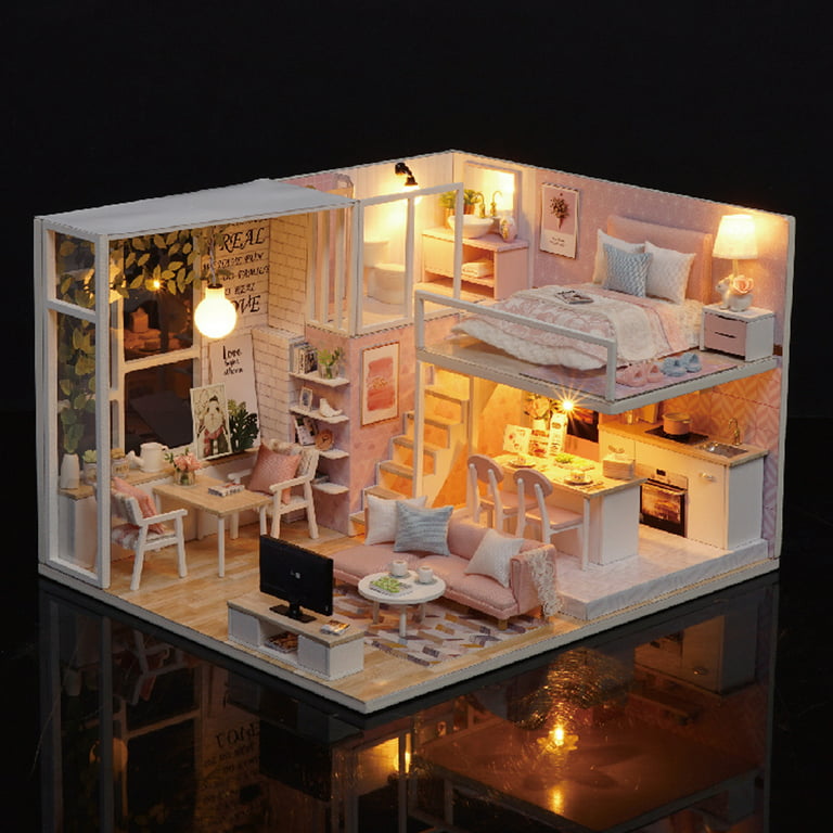 DIY Miniature Loft Dollhouse Kit Realistic Mini 3D Pink Wooden House Room Toy Furniture LED Lights Christmas Children's Birthday Gift - Walmart.com