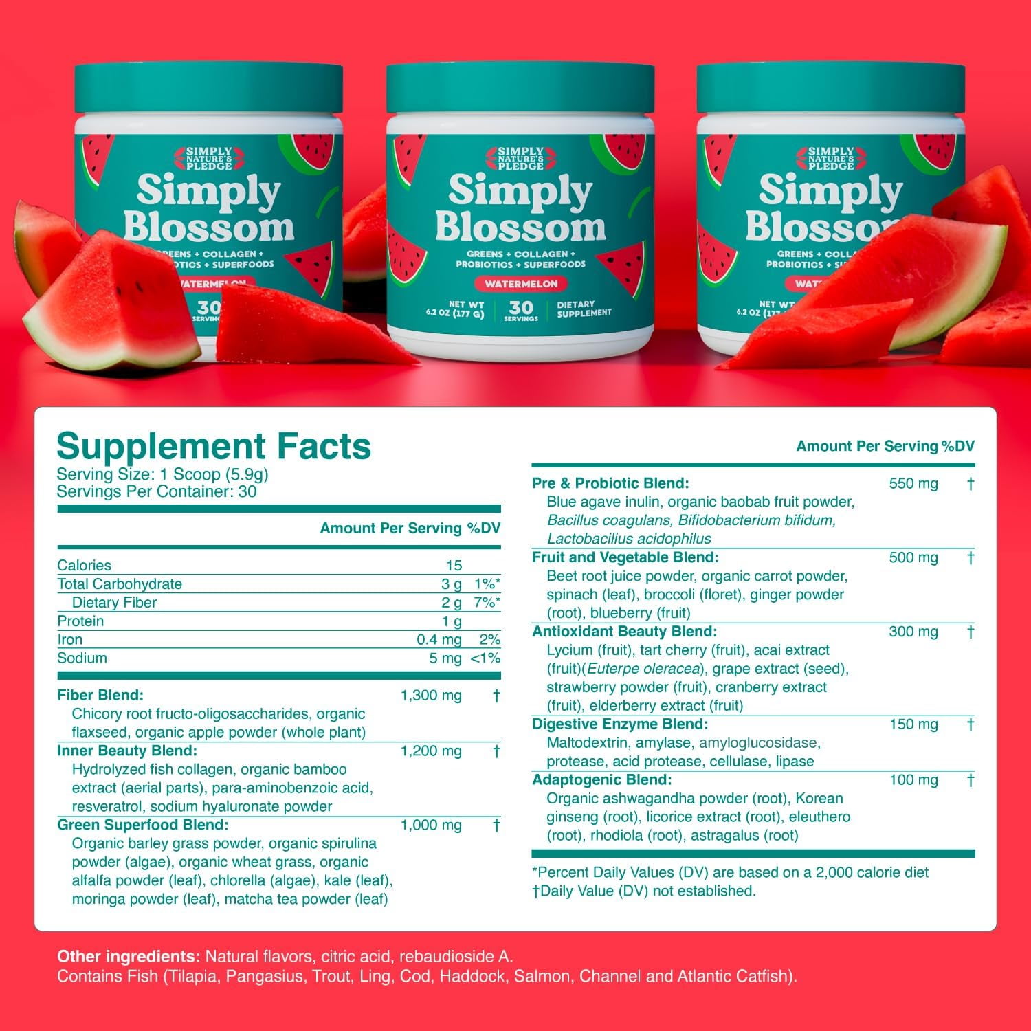 Simply Blossom Nutrition Daily Greens & Superfood Powder + Collagen + Probiotics for Women's Digestive Health & Bloating Relief. Help Your Health Bloom - 30 Day Supply - Watermelon