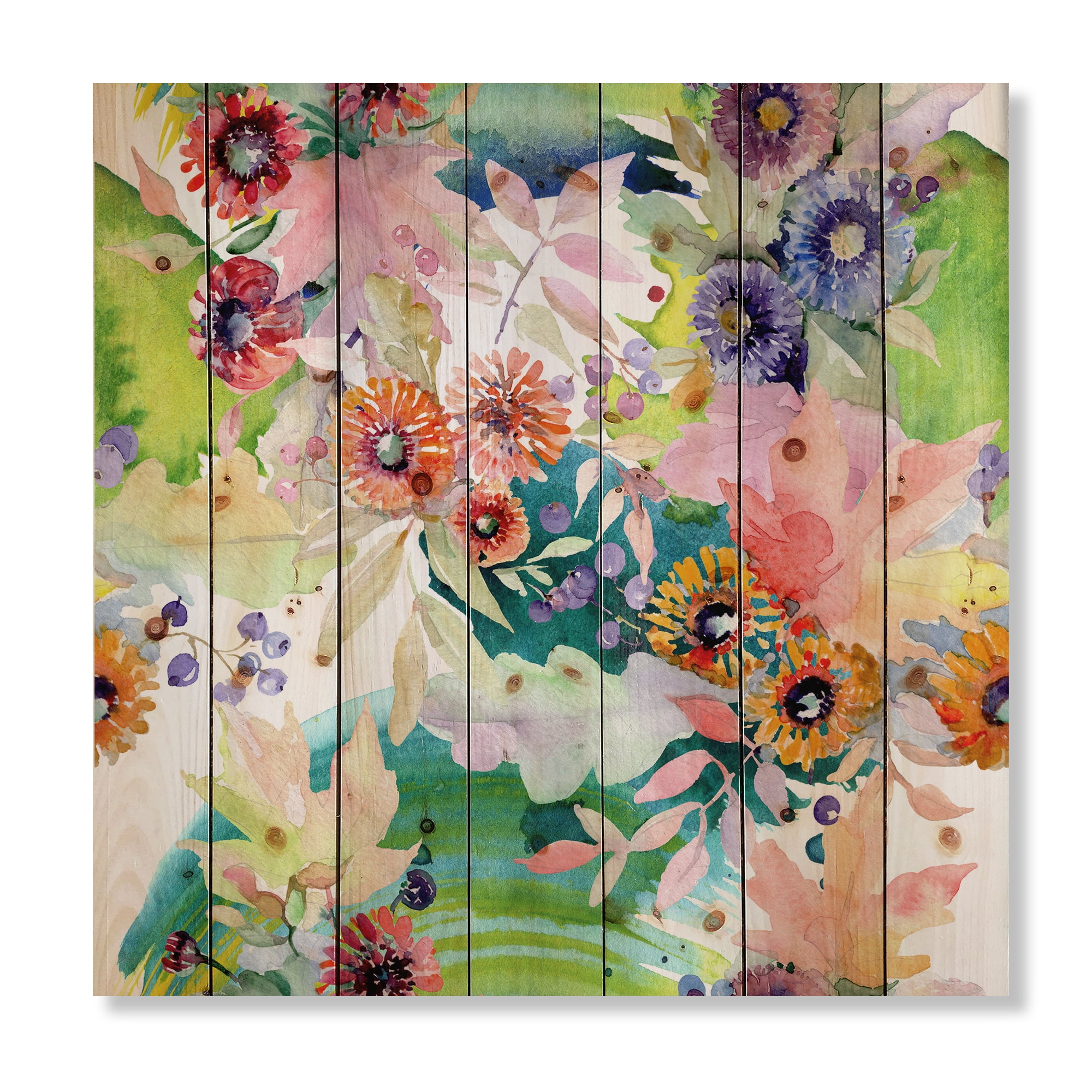 Designart 'Wildflowers and Vibrant Wild Spring Leaves II' Traditional Print on Natural Pine Wood