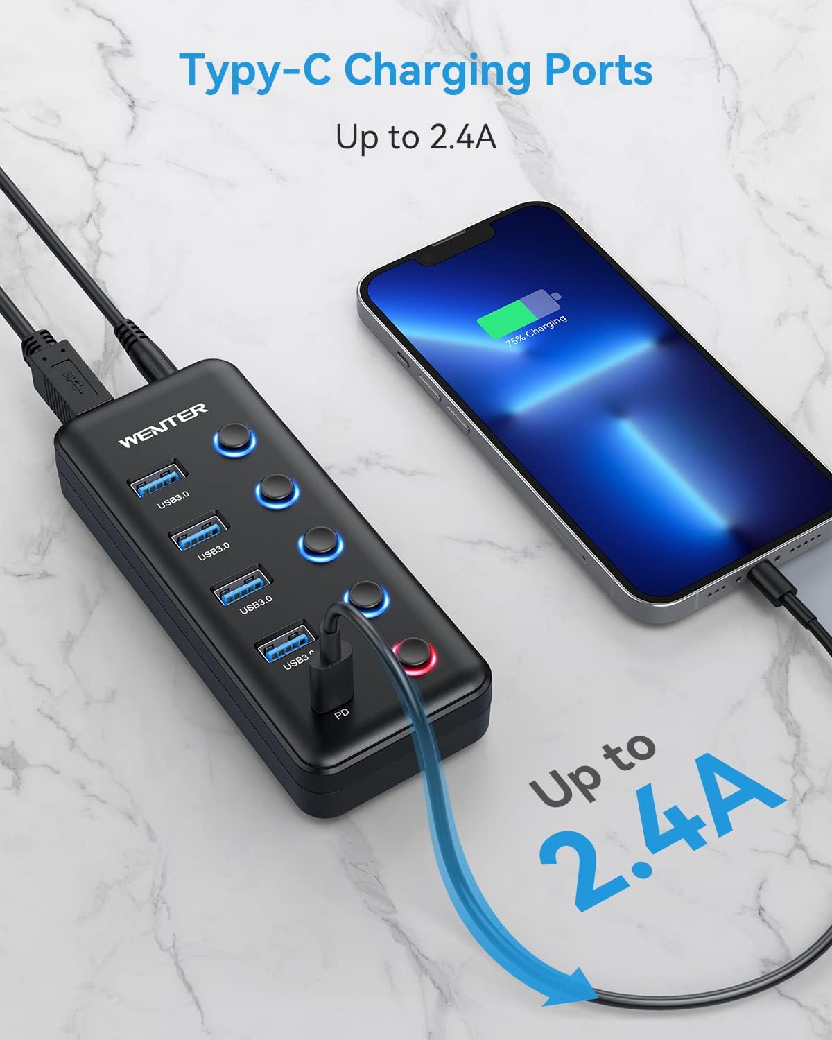 Powered USB 3.0 Hub, 5-Port USB Hub Splitter (4 Faster Data Transfer Ports+ 1 Type-C Charging Ports) with Individual LED On/Off Switches, USB Hub 3.0 Powered with Power Adapter for Mac, PC