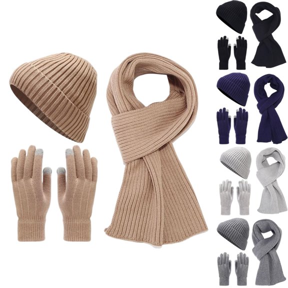 siminsem 3 Piece Winter Hat Scarf Gloves Set for Women Men - Fleece Lined Pom Pom Beanie with Touchscreen Gloves & Long Scarf, Warm Knit Cold Weather Outdoor Accessories Gift Set, Khaki,One Size