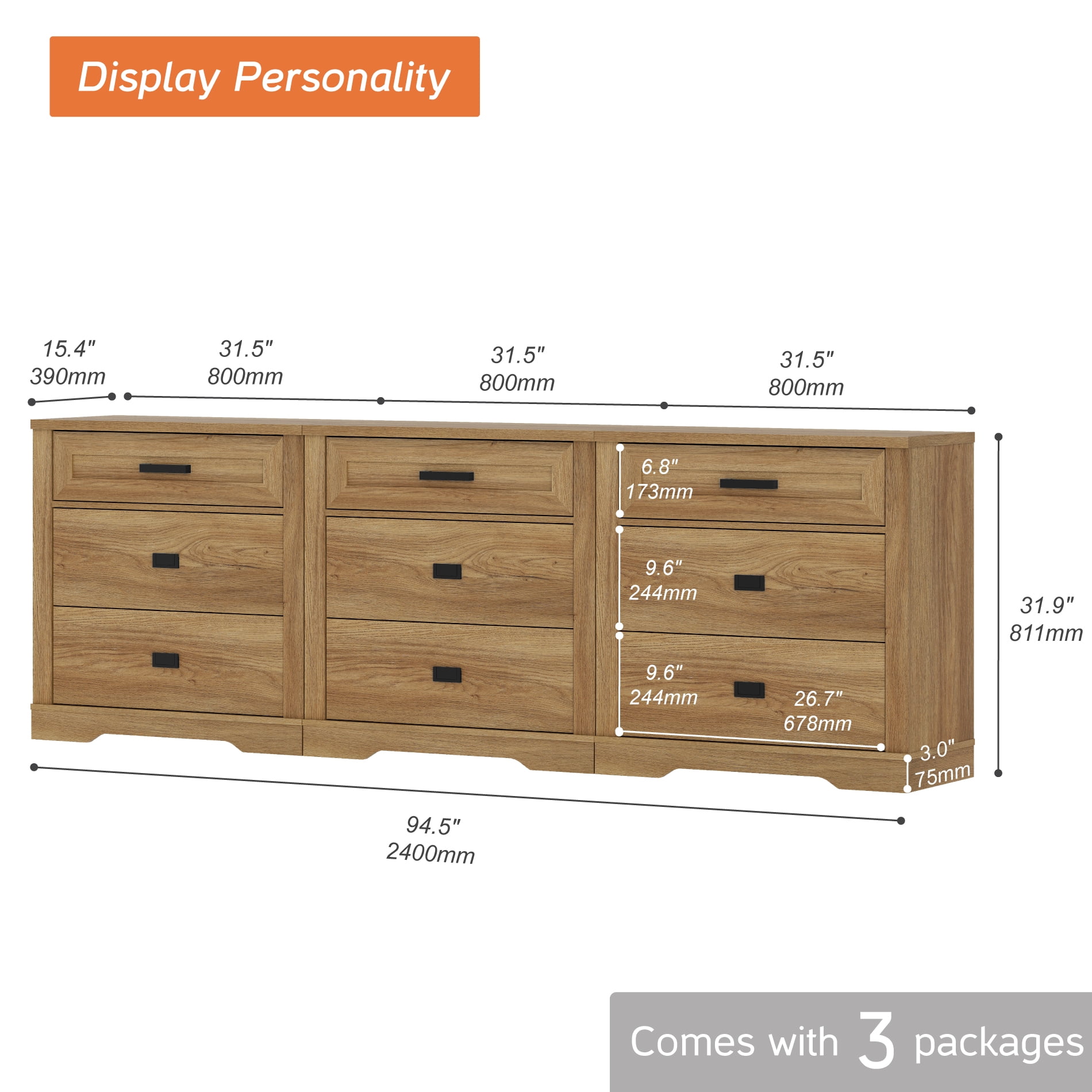 WAMPAT 3-in-1 Farmhouse 9 Drawers Dresser for Bedroom,Modern Farmhouse 94" W Chest of Drawers Closet Storage Organizer for Living Room,Hallway,Vintage Oak