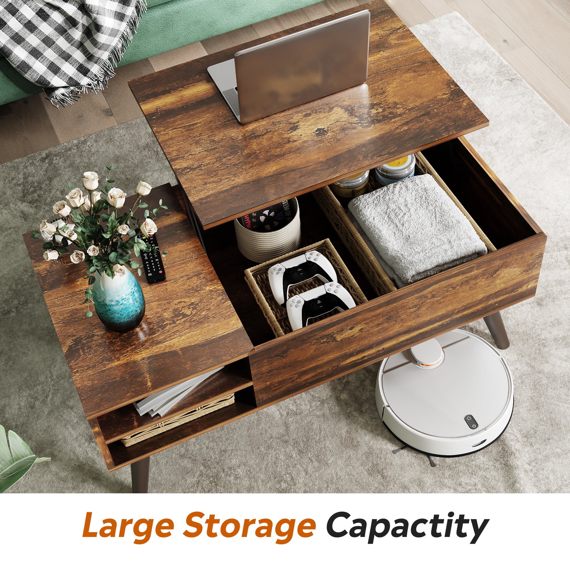 GALAXHERO Coffee Table with Removable Storage Shelves Lift Top Small Coffee Table for Living Room Rustic Brown