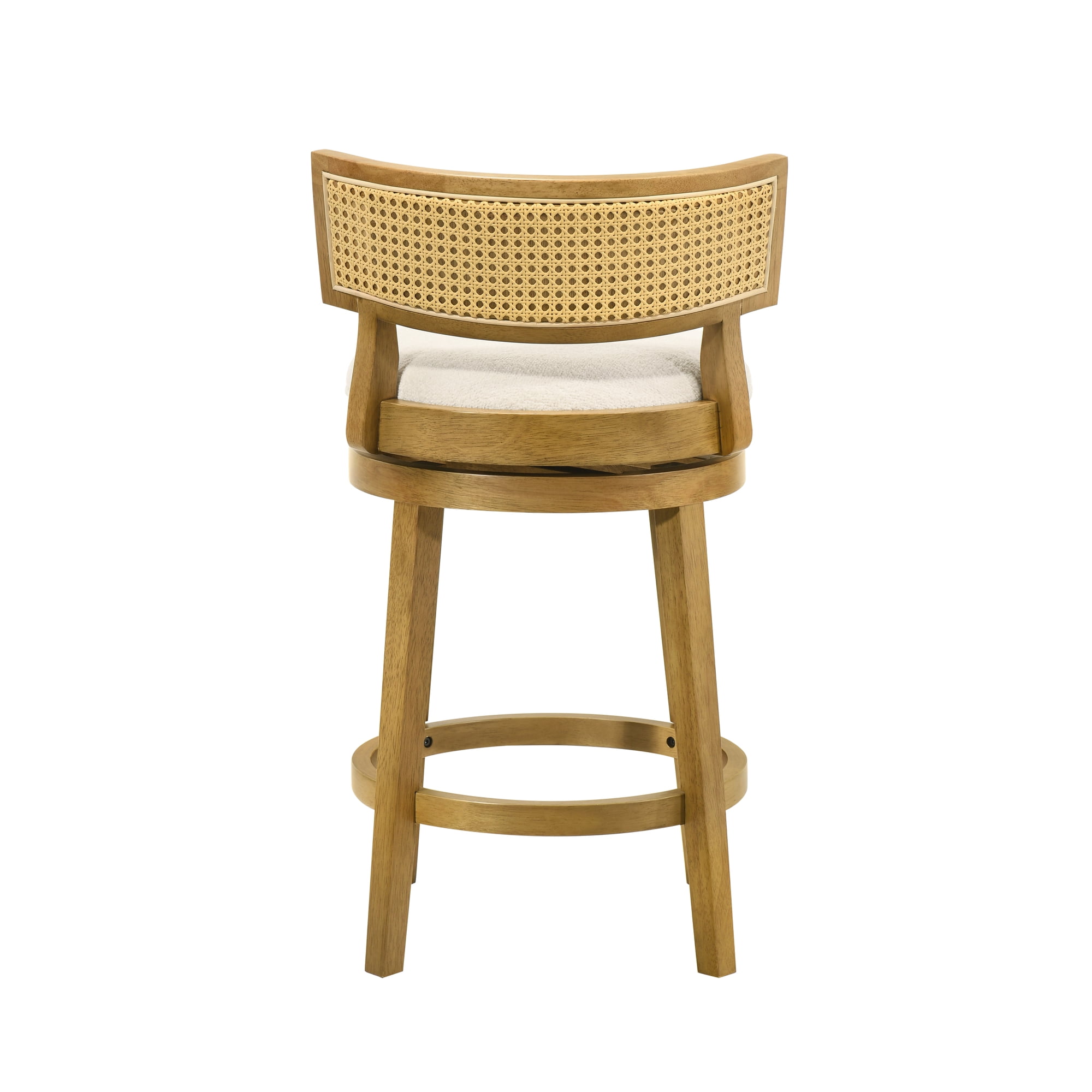 Noely Modern Farmhouse Swivel Wood Counter Height Kitchen Bar Stool in Amber Glow Finish with White Boucle Fabric Upholstered Seat - Set of 4