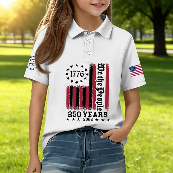 CCRFTGI Polo Shirts for Kids Girls Size 10-12 Patriotic Shirt We The People 1776-2026 Polo Shirts School Uniform Athletic Sport Print Lapel Button Collared Polo Summer Tops White 3-4 Years