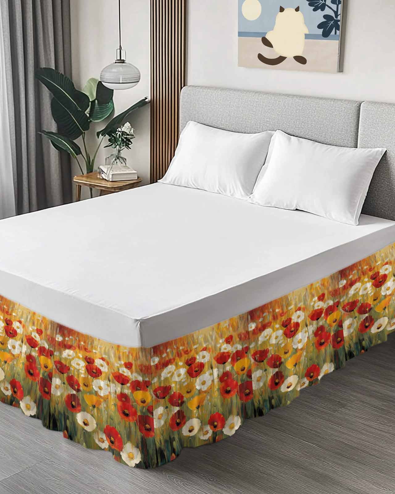 Retro Floral Bed Skirt Red White Yellow Poppy Flowers Oil Painting Bed Skirts King Size 18 Inch Drop, Wrap Around Dust Ruffle&nbsp;Bedskirt with Adjustable Elastic Belt for Queen Size Beds
