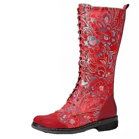 

Fall Savings Clearance Deals 2022! Juebong Winter Women Flat Flower Embroidered Ladies Lace Up Mid-Calf Retro Zipper Casual Boots