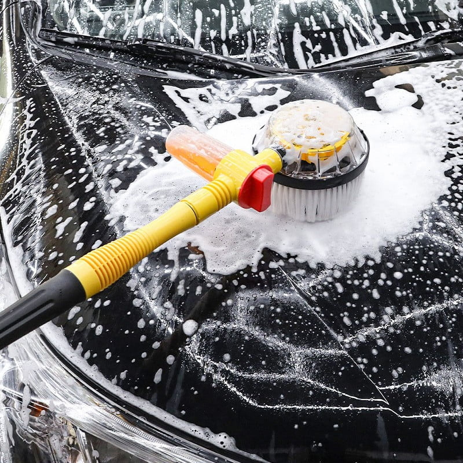 360 Degree Rotating Car Wash Brush with Soap Dispenser | Long Handle Hose Attachment | 5 Nozzle Modes | Detachable & Retractable Car Wash Mop for Auto & Yard Cleaning