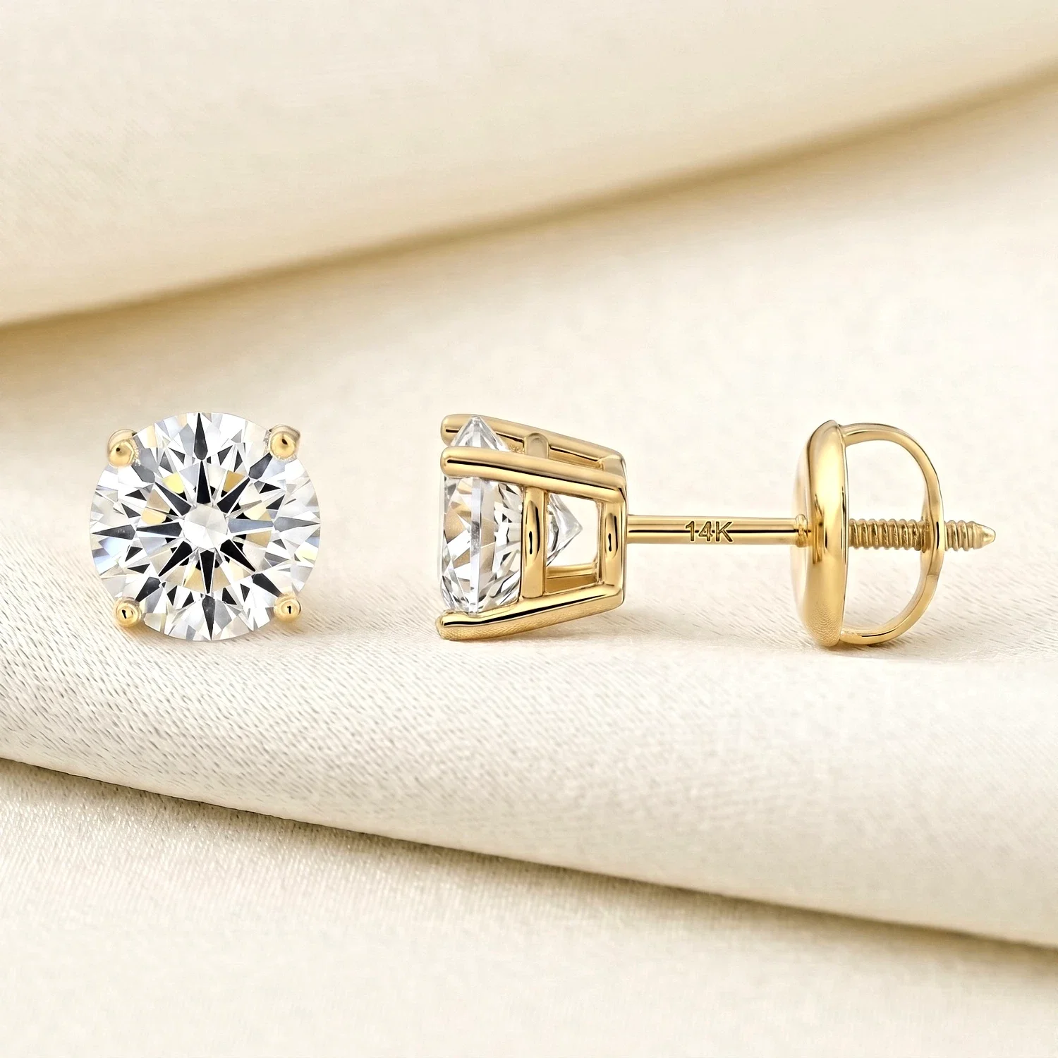 Tilo Jewelry 14K Yellow Gold F VS 1.00 Carat Solitaire Round Diamond Stud Post Earrings with Secure Screw-backs | 5.2mm | Lab Grown Diamond Earrings | Women, Men, Unisex