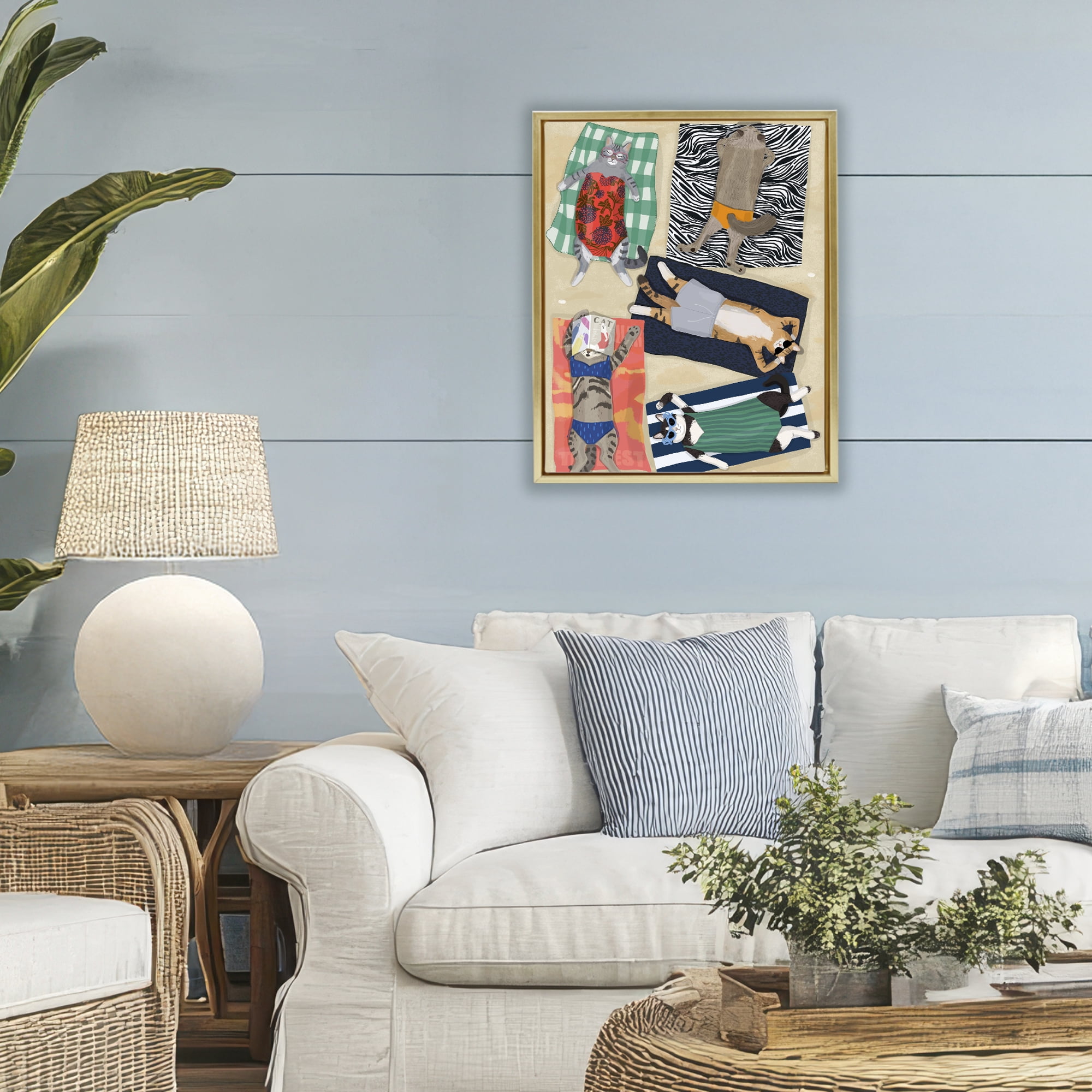 Stupell Industries Summer Sunbathing Cats Gold Framed Floater Canvas Wall Art, design by Hanna Melin