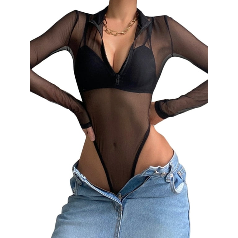 Douhoow Women Perspective Mesh Sheer Bodysuit Zip Up Long Sleeve Leotard  Tops Slim Fit Base Tops 