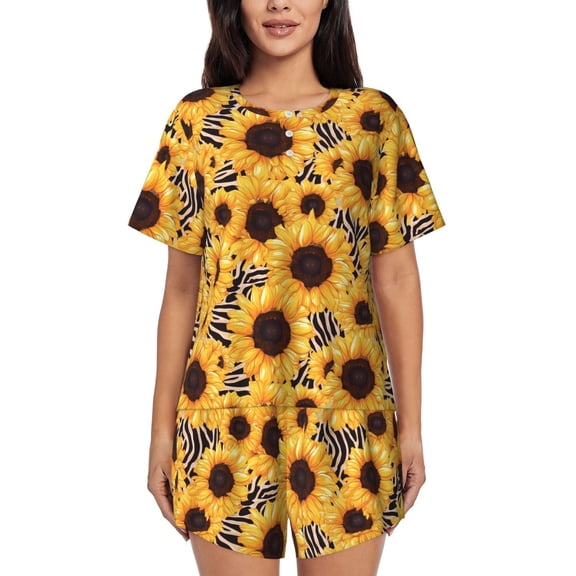 Picia Artistic Zebra Print Sunflower Pajamas Sets for Women Soft Short-Sleeved Pjs with Lounge Shorts Two Piece Sleepwear-Small