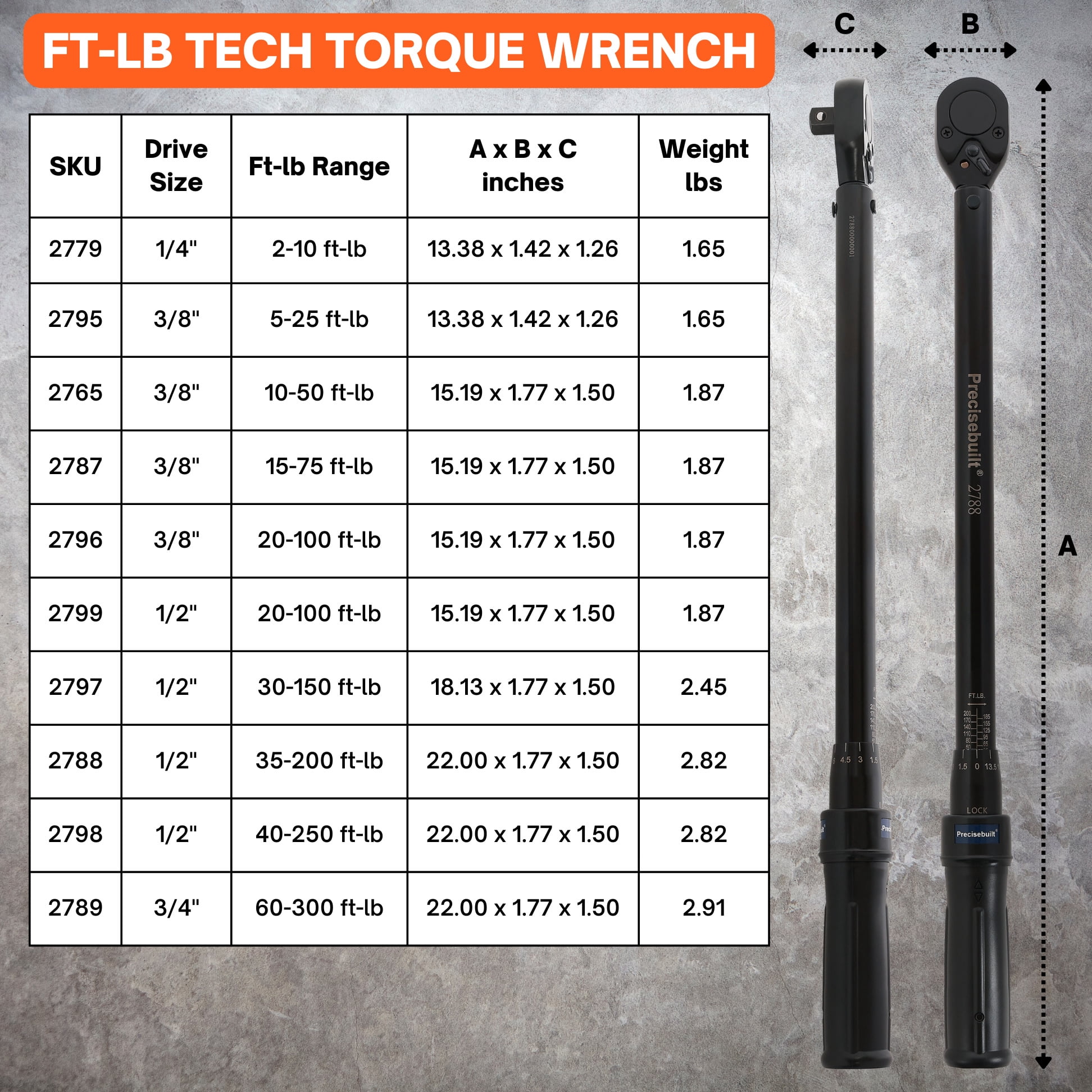 Precisebuilt 1/2" Drive 30-150 ft-lb Click Tech Torque Wrench