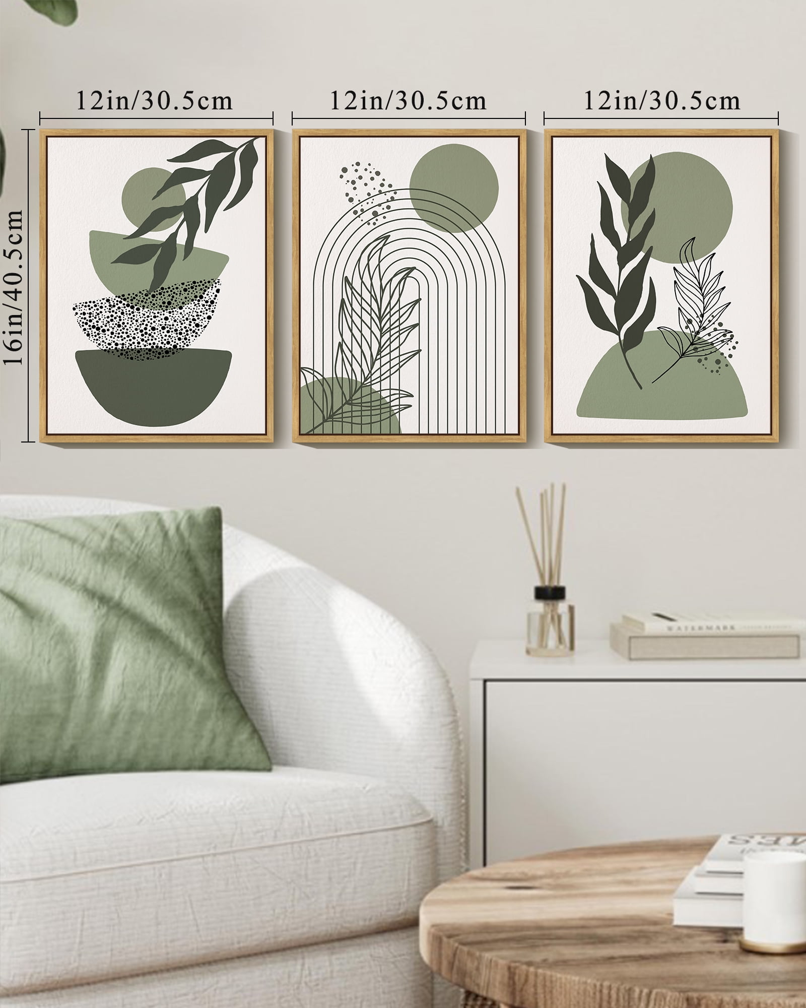 SHENIFY Green Boho Wall Art Prints Framed Wood Sage Wall Decor Mid Century Modern Abstract Geometric Artwork Natural Canvas Prints for Living Room Bedroom - 12x16in3pcs Neutral Framed
