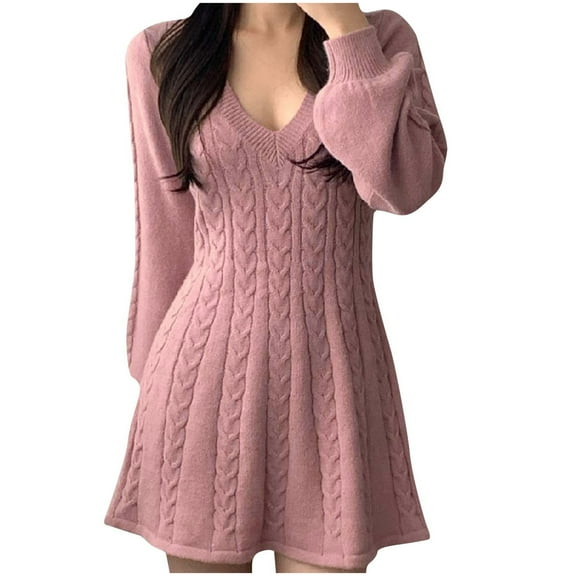 QSAWXQZ Women's Cable Knit Sweater Dress V Neck Long Sleeve Solid A Lined Pullover Mini Dress Pink Free Size
