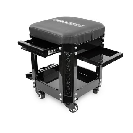 OEMTOOLS 24994 Workshop Creeper Seat (Black)  Mechanics Stool with Wheels  Rolling Work Seat with Built In Toolbox  Mechanic Roll Chair with Cupholder